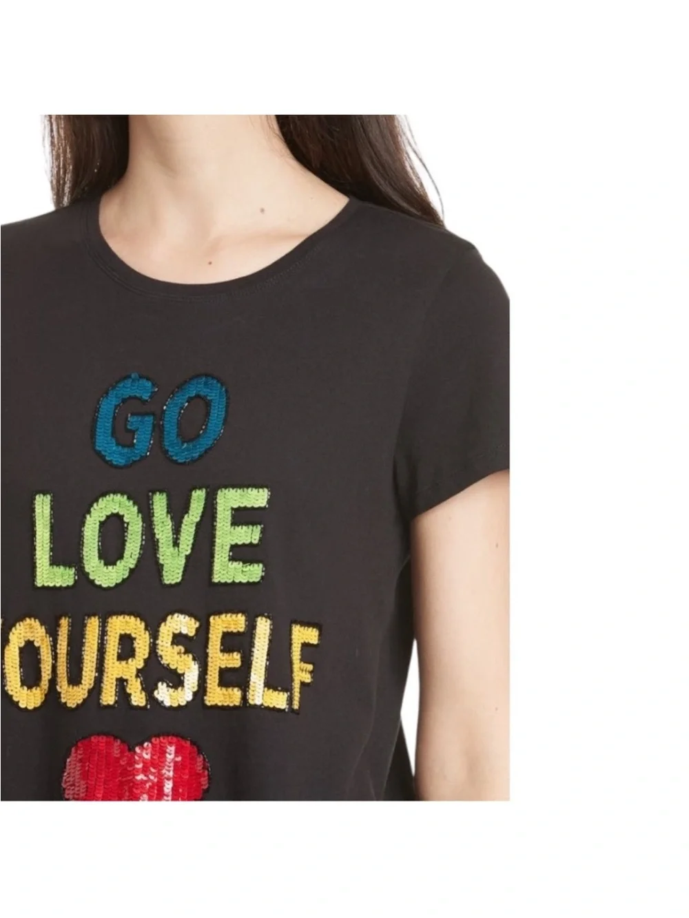 Alice + Olivia Black Sequin "Go Love Yourself" Tee with Red Heart Size L - Picture 6 of 10